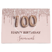 100歳の誕生日赤面ピンクグリッタードリップバラ金ゴールド ラージペーパーバッグ (正面)