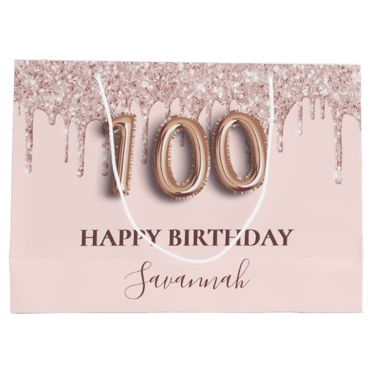 100歳の誕生日赤面ピンクグリッタードリップバラ金ゴールド ラージペーパーバッグ (裏面)
