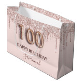 100歳の誕生日赤面ピンクグリッタードリップバラ金ゴールド ラージペーパーバッグ (正面アングル)