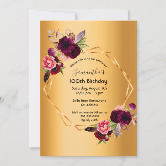 100歳の誕生日金ゴールドバーガンディ花模様幾何学的 招待状 (正面)