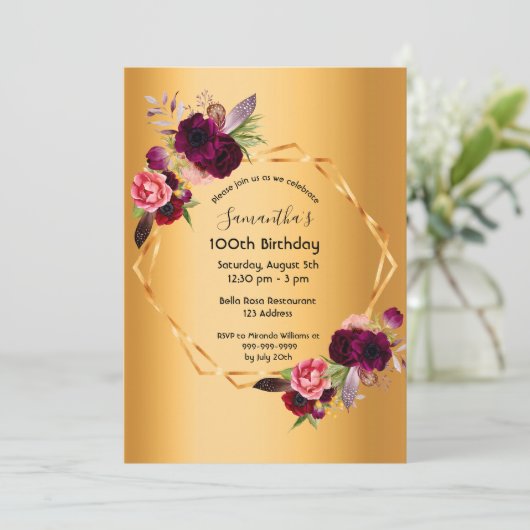 100歳の誕生日金ゴールドバーガンディ花模様幾何学的 招待状 (スタンド正面)