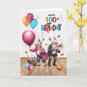 100歳の誕生日 おもしろい男女 バルーン カード (黄色い花)