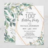 100歳の誕生日 エレガントなユーカリのグリーンとゴールド 招待状 (正面/裏面)