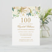 100歳の誕生日 エレガント ゴールド フラワー 招待状 (スタンド正面)