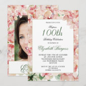 100歳の誕生日 エレガント フォト フラワリー 誕生日 招待状 (正面/裏面)