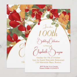 100歳の誕生日 オレンジ色の花のアーチの花 招待状