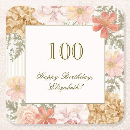 100歳の誕生日 コースター 秋色の花 ストライプ (正面)