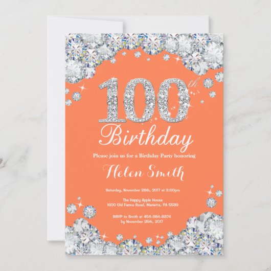 100歳の誕生日 コーラル シルバー ダイヤモンド 招待状 (正面)