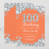 100歳の誕生日 コーラル シルバー ダイヤモンド 招待状 (正面/裏面)