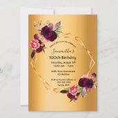 100歳の誕生日 ゴールド バーガンディ フラワーズ ジオメトリック 招待状 (正面)