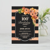 100歳の誕生日 ストライプ オレンジ 花柄 ディナー パーティー 招待状 (スタンド正面)