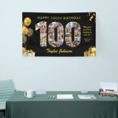 100歳の誕生日 ナンバー100 フォトコラージュ ブラック ゴールド 横断幕 (トレードショー)