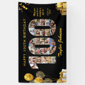 100歳の誕生日 ナンバー100 フォトコラージュ ブラック ゴールド 横断幕 (縦)