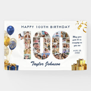 100歳の誕生日 ナンバー100 フォトコラージュ ホワイトゴールド 横断幕