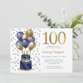 100歳の誕生日 ネイビーブルーの風船ケーキ 招待状 (スタンド正面)