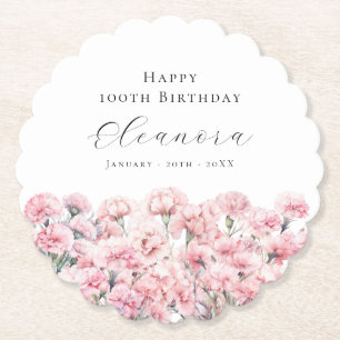 100歳の誕生日 ピンクのカーネーション １月の誕生花 ペーパーコースター