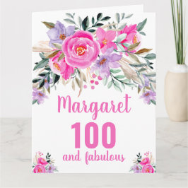 100歳の誕生日 ピンクの水彩花イラスト カード