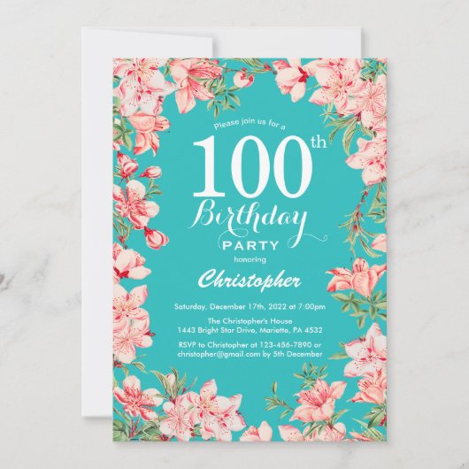 100歳の誕生日 ピンクの花 花 ティールブルーの背景 招待状 (正面)