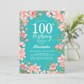 100歳の誕生日 ピンクの花 花 ティールブルーの背景 招待状 (スタンド正面)