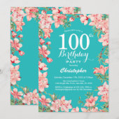 100歳の誕生日 ピンクの花 花 ティールブルーの背景 招待状 (正面/裏面)