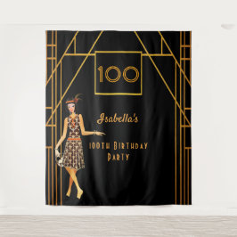 100歳の誕生日 ブラックゴールド 1920年代のアートデコ タペストリー