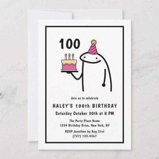 100歳の誕生日 ブラック＆ホワイトおもしろミーム 招待状 (正面)