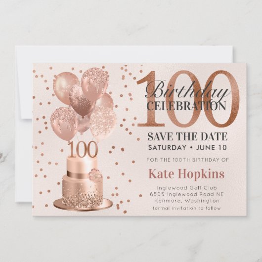 100歳の誕生日 ローズゴールドケーキ Save The Date セーブザデート (正面)