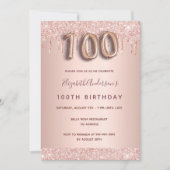 100歳の誕生日 ローズゴールド グリッター ドリップ ピンク グラム 招待状 (正面)