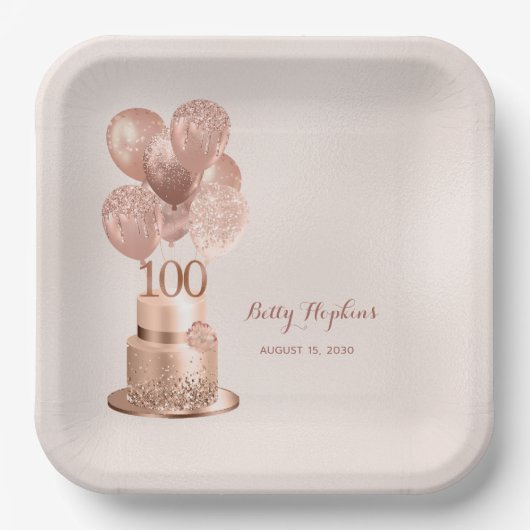 100歳の誕生日 ローズゴールド ケーキ 紙皿 (正面)