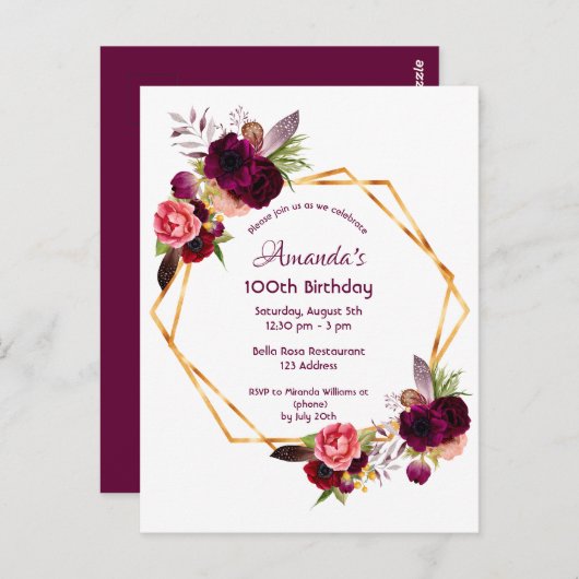 100歳の誕生日 ワインレッドの花模様の金色の招待状 ポストカード (正面/裏面)