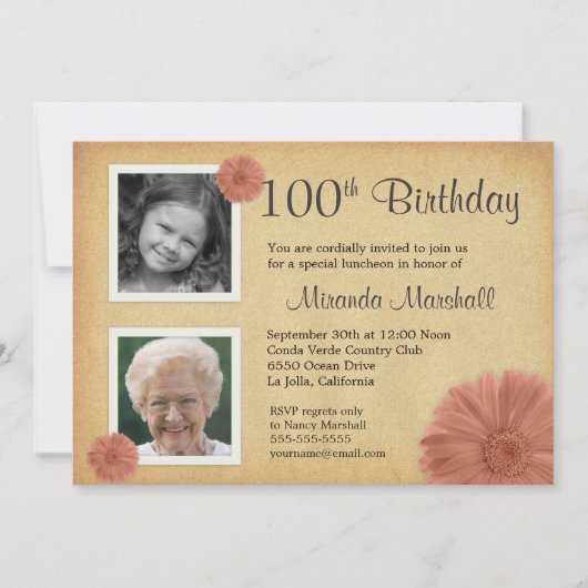 100歳の誕生日 ヴィンテージ ダイシー 2 フォト 招待状 (正面)