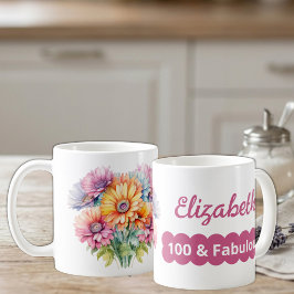 100歳の誕生日 名前入り ガーベラの花 ピンク コーヒーマグカップ
