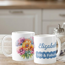 100歳の誕生日 名前入り ガーベラの花 青 コーヒーマグカップ