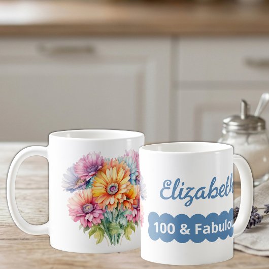 100歳の誕生日 名前入り ガーベラの花 青 コーヒーマグカップ