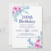 100歳の誕生日 水彩フラワー 紫 100歳 招待状 (正面)