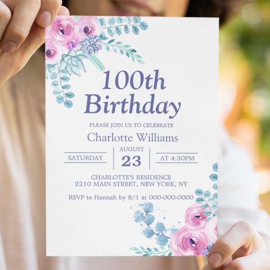 100歳の誕生日 水彩フラワー 紫 100歳 招待状