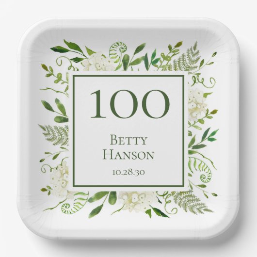 100歳の誕生日 白いアジサイ ペーパープレート (正面)
