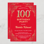 100歳の誕生日 赤と金のグリッター フレーム 招待状 (正面/裏面)