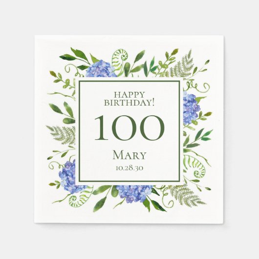 100歳の誕生日 青いアジサイ スタンダードカクテルナプキン (正面)