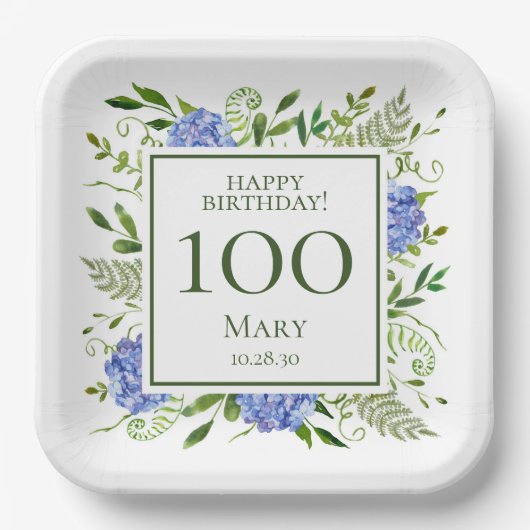 100歳の誕生日 青いアジサイ ペーパープレート (正面)