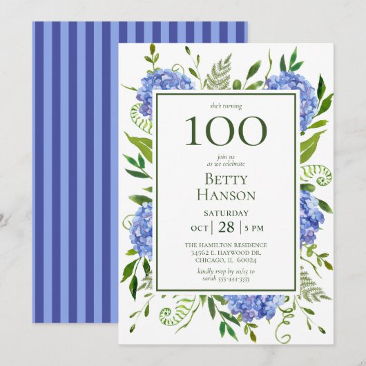 100歳の誕生日 青いアジサイ 招待状 (正面/裏面)