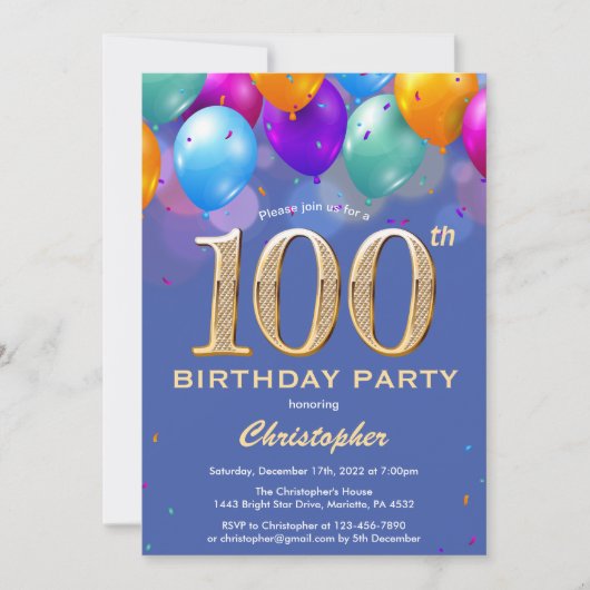 100歳の誕生日 青と金のカラフルな風船 招待状 (正面)