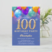 100歳の誕生日 青と金のカラフルな風船 招待状 (スタンド正面)