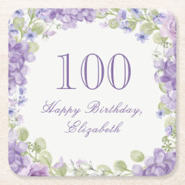 100歳の誕生日 高級感のある紫の花のコースター スクエアペーパーコースター