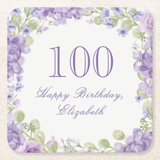100歳の誕生日 高級感のある紫の花のコースター スクエアペーパーコースター (正面)