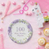 100歳の誕生日 高級感のある紫の花柄紙皿 ペーパープレート (パーティー)