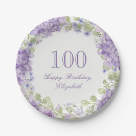 100歳の誕生日 高級感のある紫の花柄紙皿 ペーパープレート