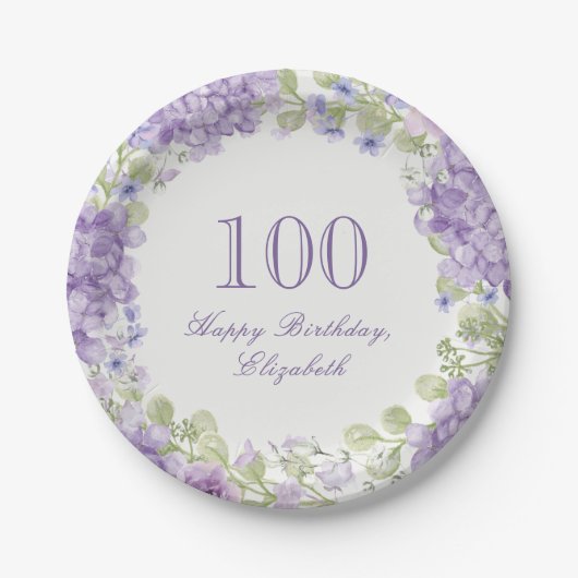 100歳の誕生日 高級感のある紫の花柄紙皿 ペーパープレート (正面)