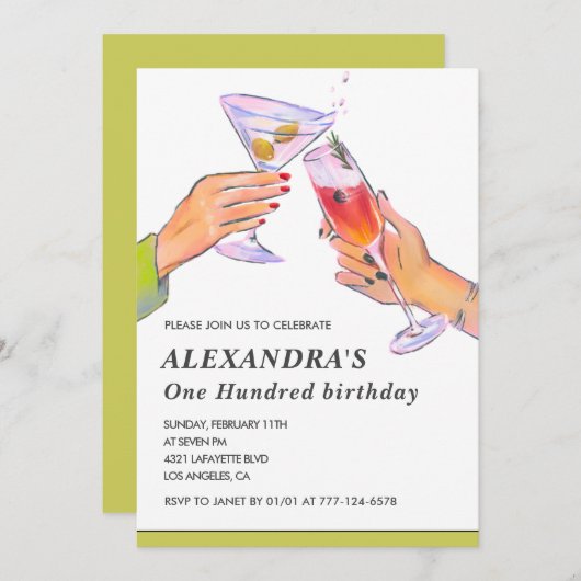 100歳エレガントの誕生日招待状カクテルパーティー 招待状 (正面/裏面)