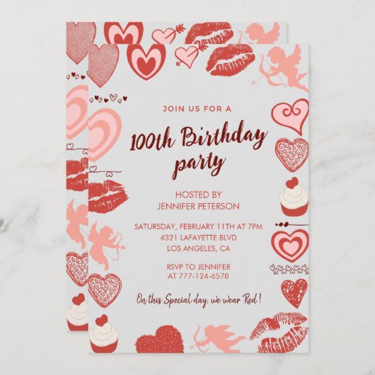 100歳エレガントの誕生日招待状グレイ赤いハート 招待状 (正面/裏面)